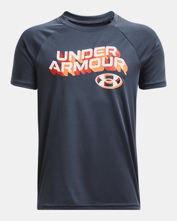 เสื้อแขนสั้น UA Tech™ Wordmark สำหรับเด็กผู้ชาย in Gray image number 0